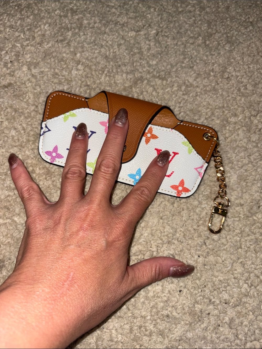 Designer-Inspired White Multicolor Pattern glasses Pouch with Tan Trim